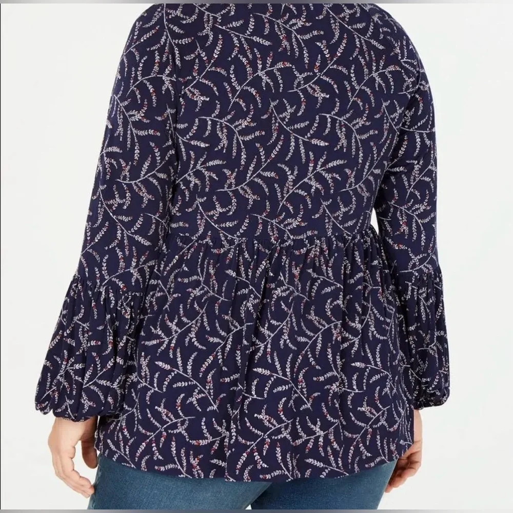 MICHAEL Michael Kors Floral Print‎ Long Sleeve Chain-Lace-Up Top Blouse Sz Large